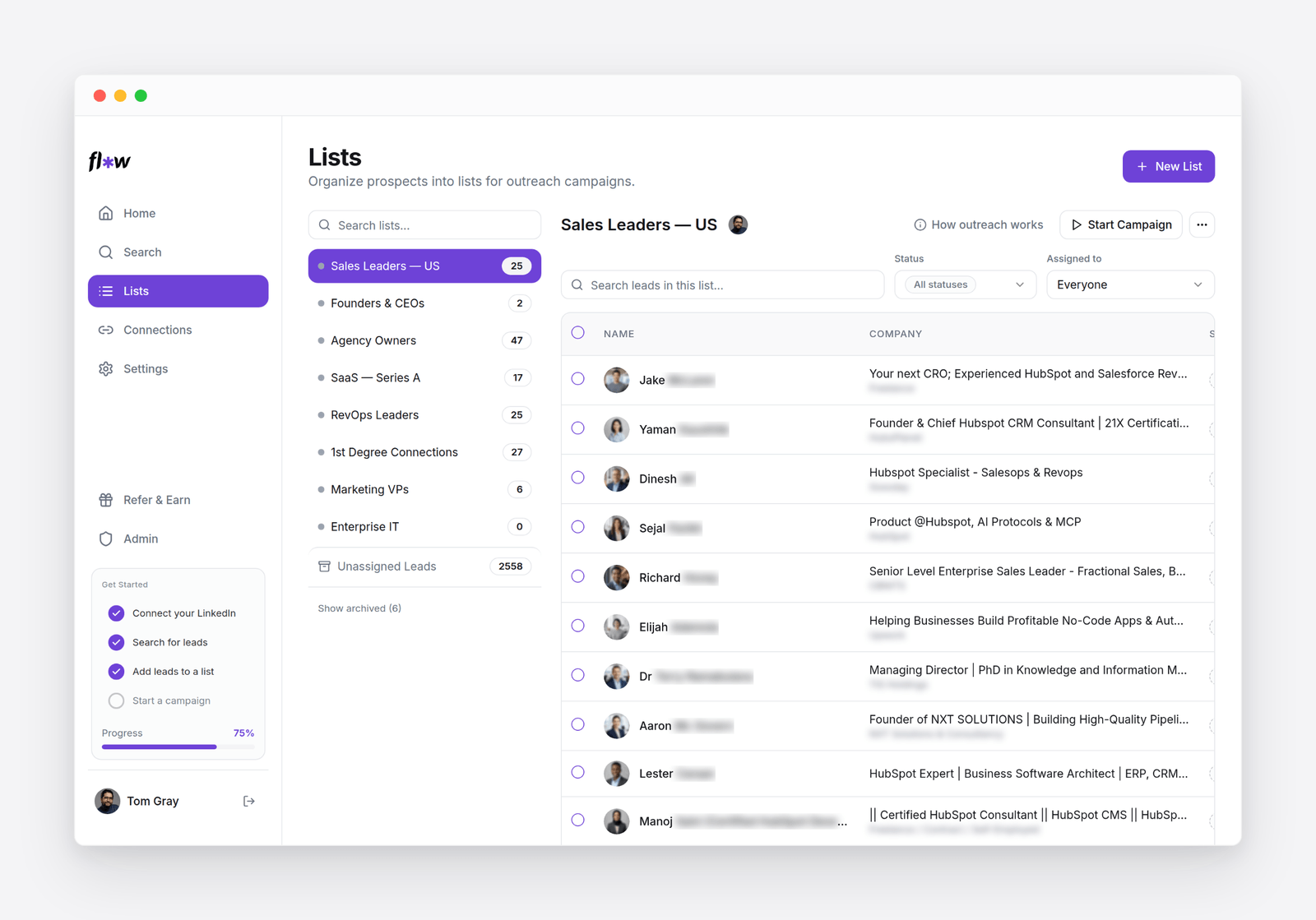 The Lists screen: named lists on the left, their leads in a table, and a Start Campaign button