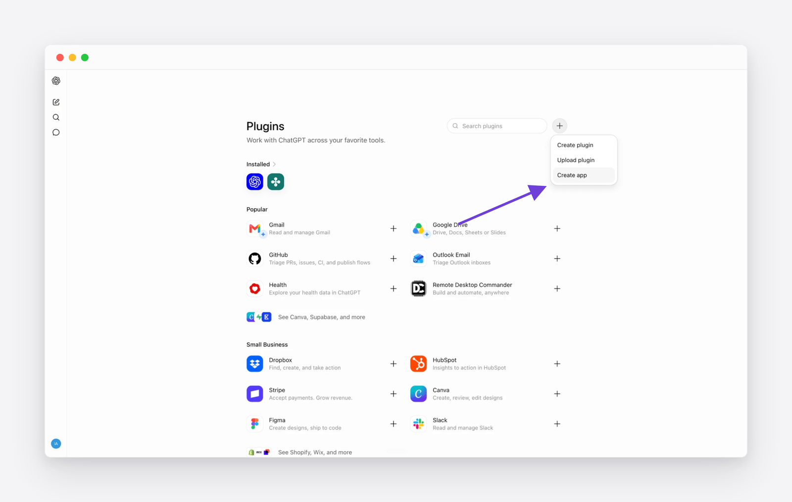 ChatGPT&rsquo;s Plugins page with the plus menu open on Create app