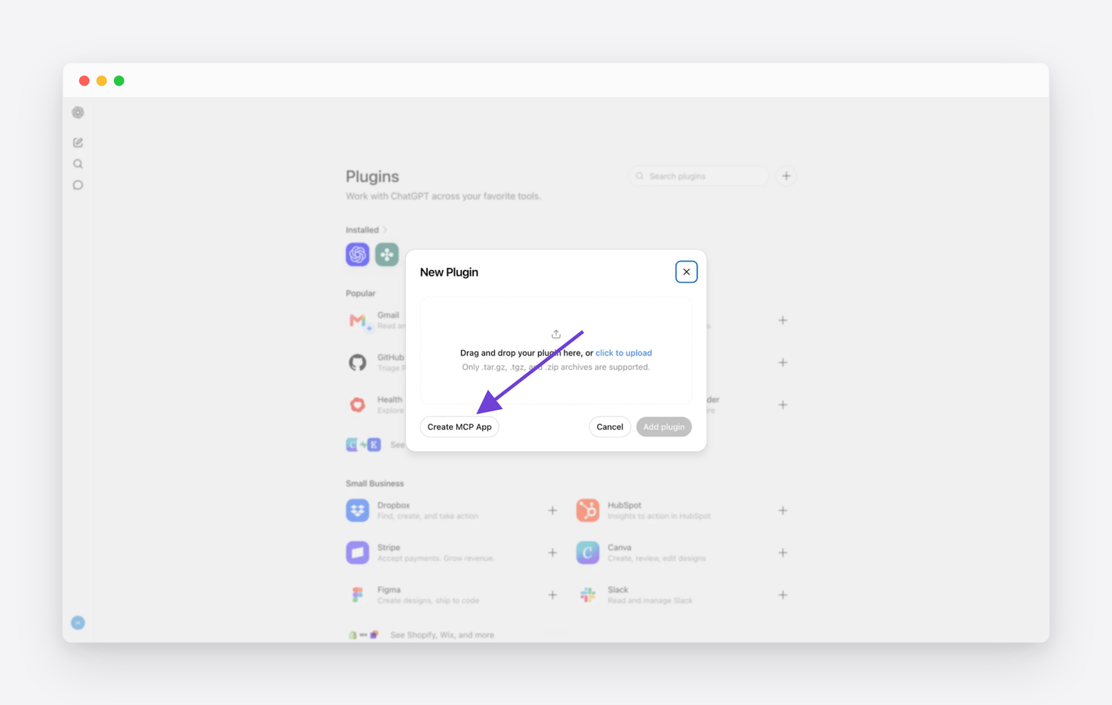 ChatGPT&rsquo;s New Plugin dialog showing the upload area and the Create MCP App button