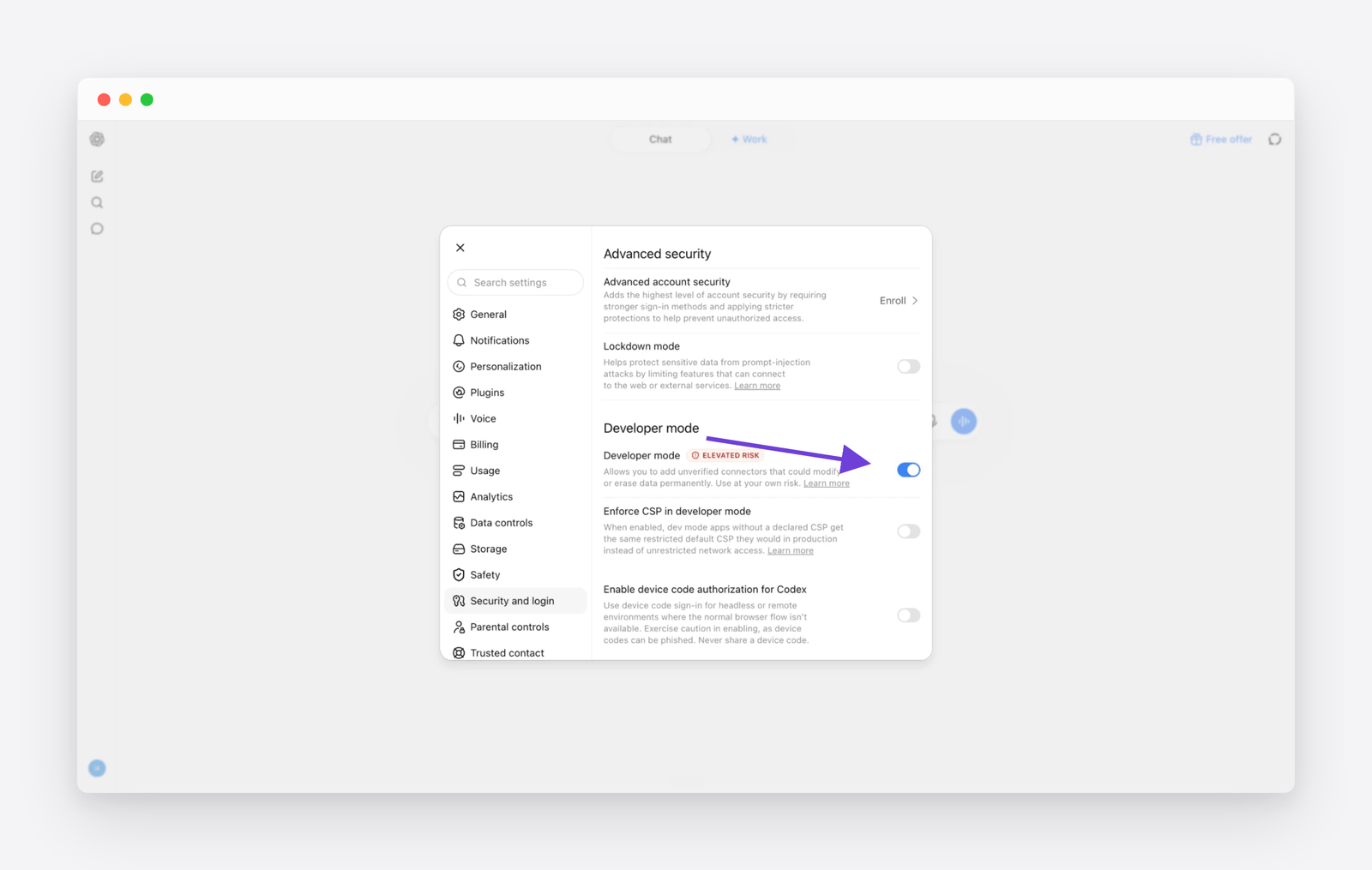 ChatGPT&rsquo;s developer mode setting switched on