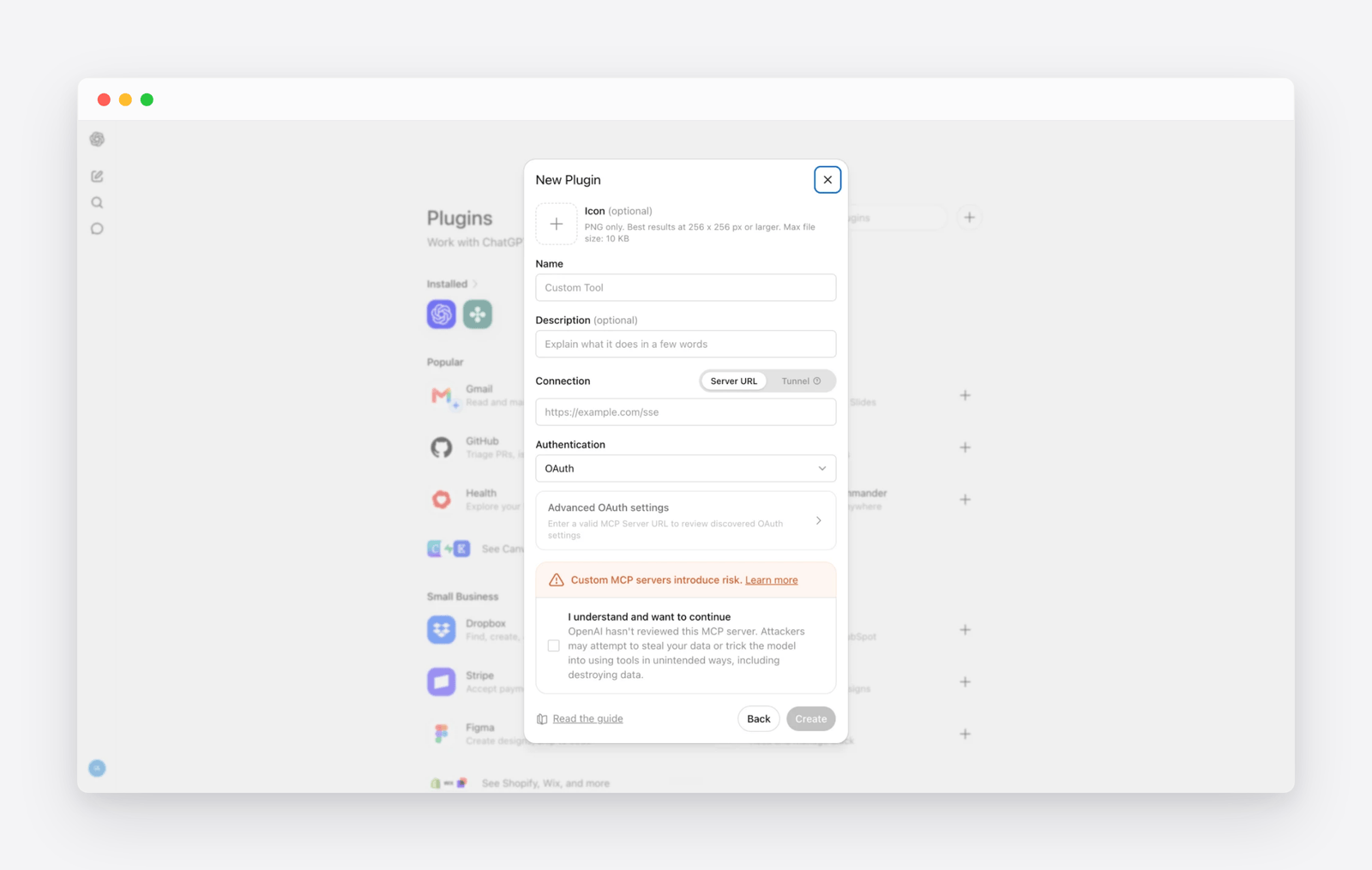 ChatGPT&rsquo;s New Plugin form with fields for name, server URL and authentication