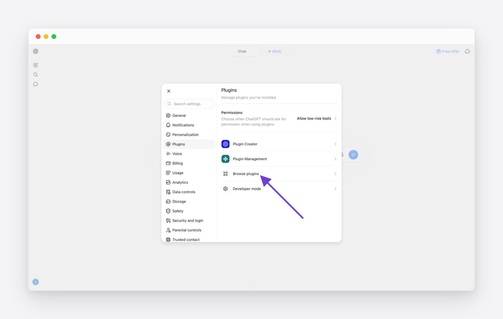 ChatGPT&rsquo;s Settings dialog on Plugins with Browse plugins highlighted