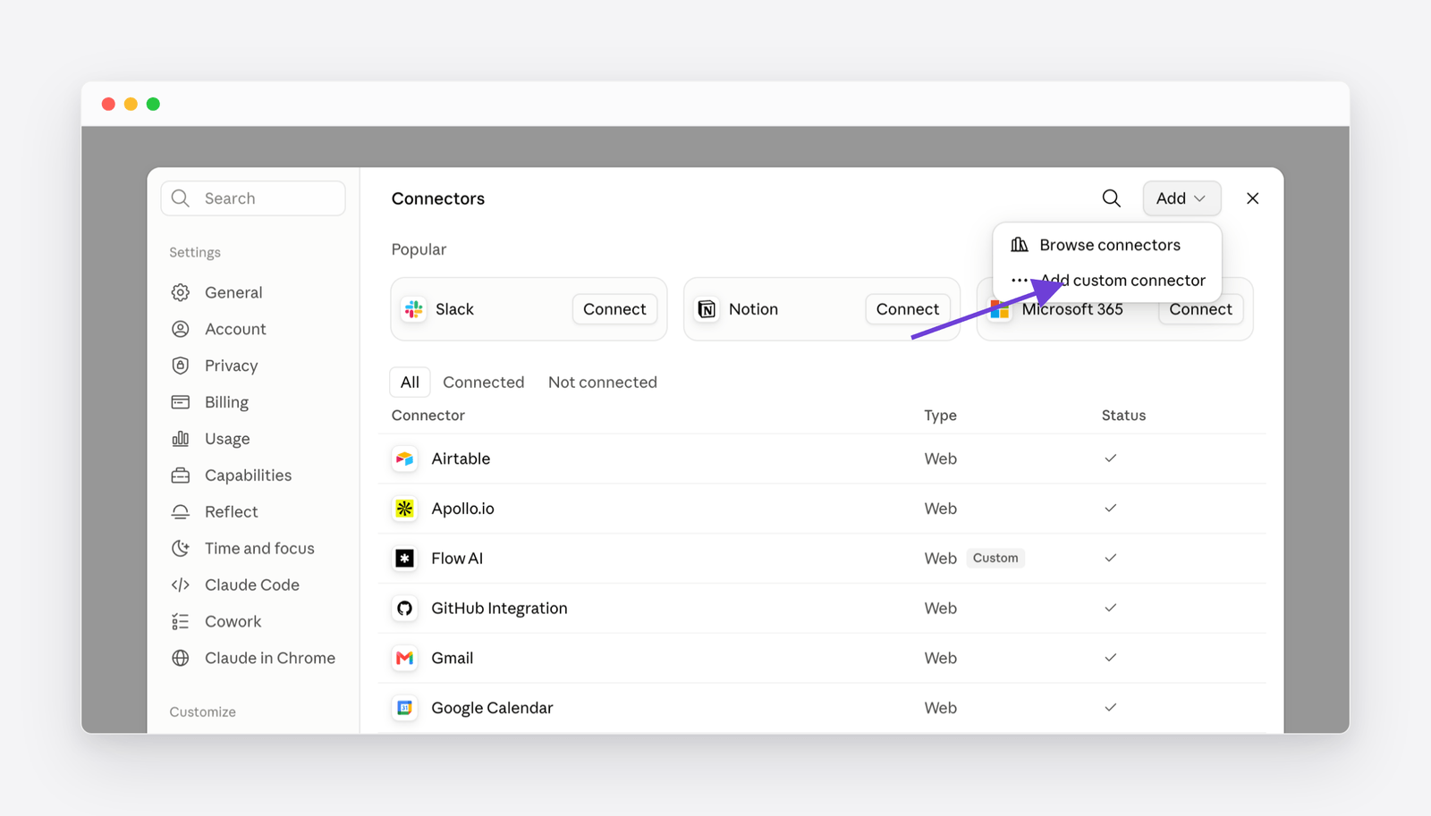 Claude&rsquo;s Settings &rarr; Connectors screen with the Add menu open, showing the Add custom connector option