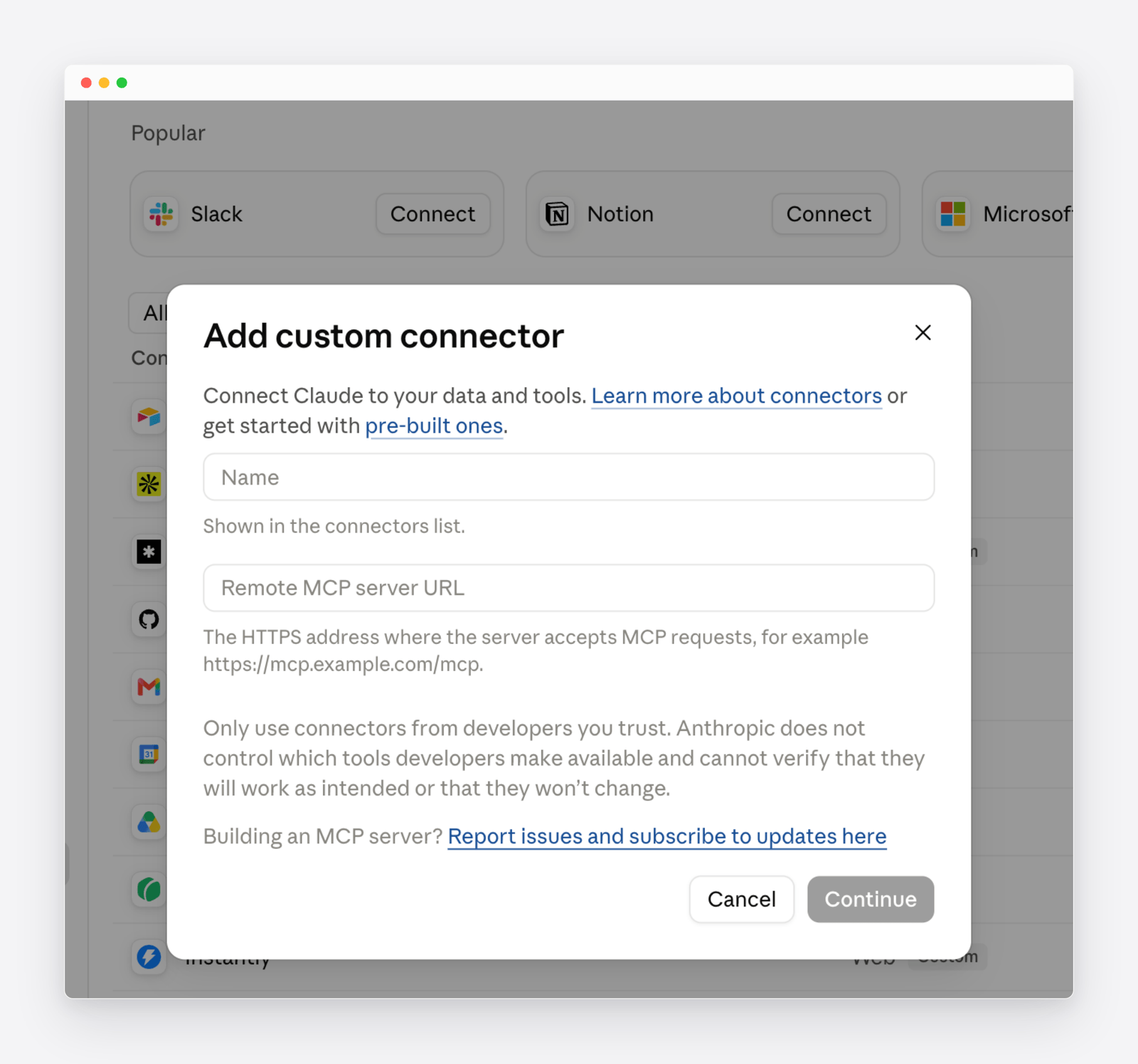 Claude&rsquo;s Add custom connector dialog with fields for the connector name and the remote MCP server URL