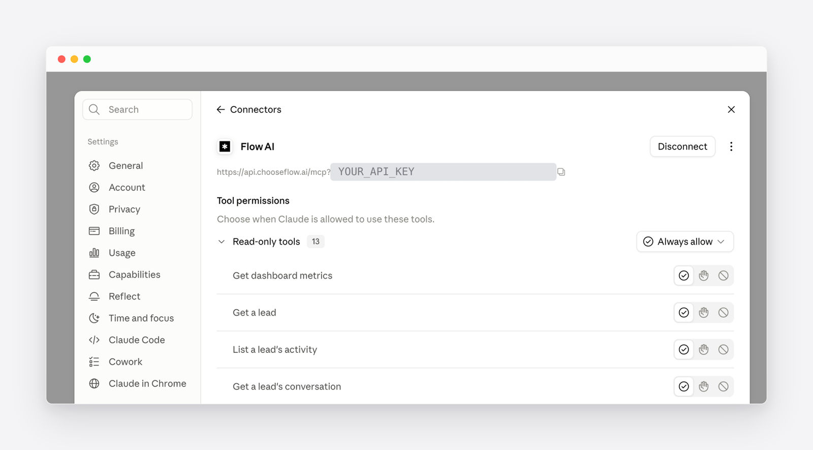 Flow AI connected in Claude, showing the connector URL with the key hidden and the list of read-only tool permissions