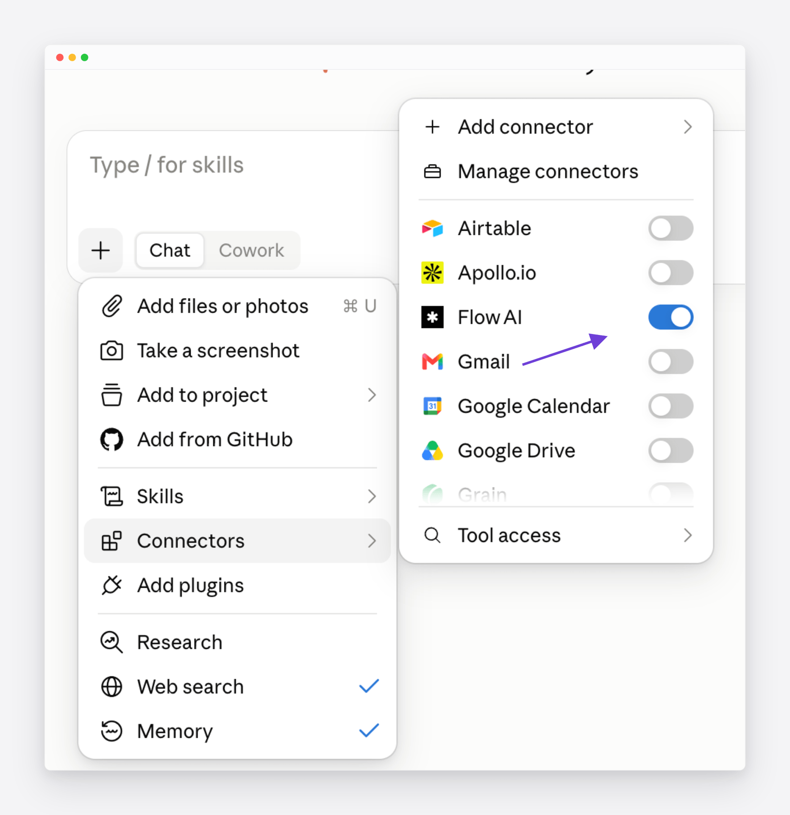 Claude&rsquo;s chat composer with the + menu open on Connectors and the Flow AI toggle switched on