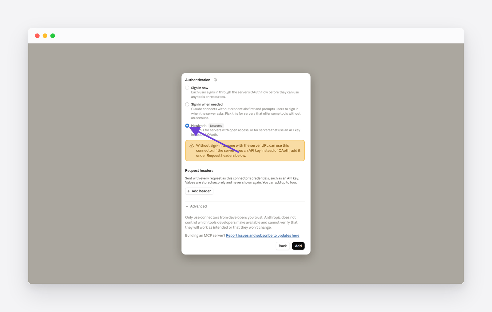 Claude&rsquo;s authentication step with No sign-in selected, above the Request headers section and the Add button