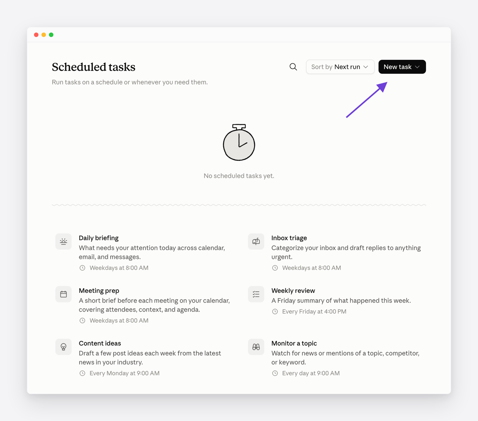 Claude&rsquo;s Scheduled tasks screen with the New task button and example recurring tasks