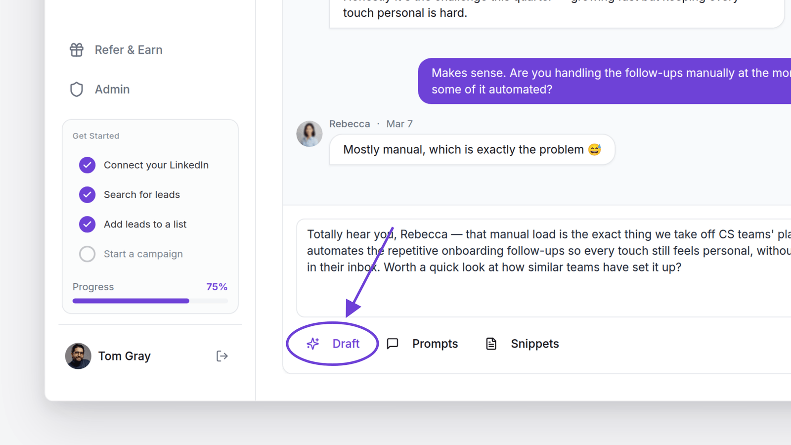 Close-up of the composer with the Draft button circled — click it to generate an AI reply