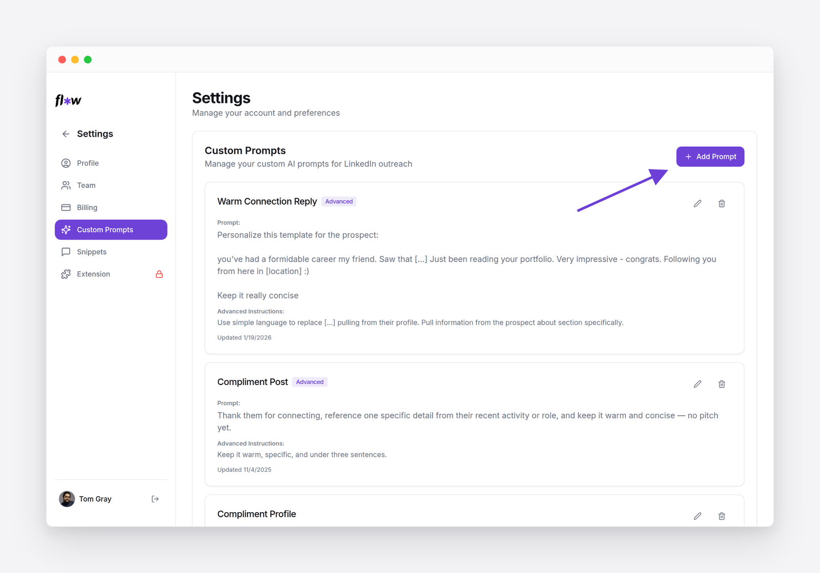 Settings → Custom Prompts: saved AI prompts, each with an optional Advanced Instructions block, and an Add Prompt button
