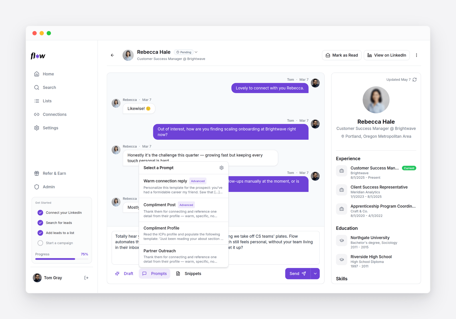 The Select a Prompt menu open in the composer, listing saved prompts like Warm connection reply and Compliment Post