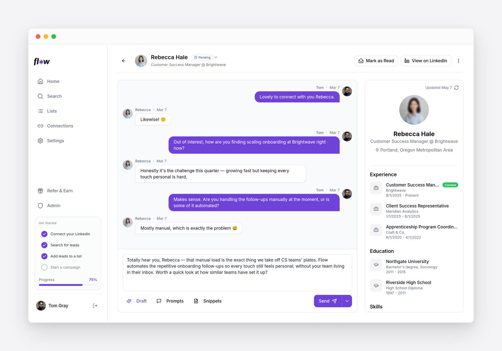The Co-pilot reply view: the conversation thread in the centre, an AI-drafted reply in the message box, and the prospect's profile in the right rail