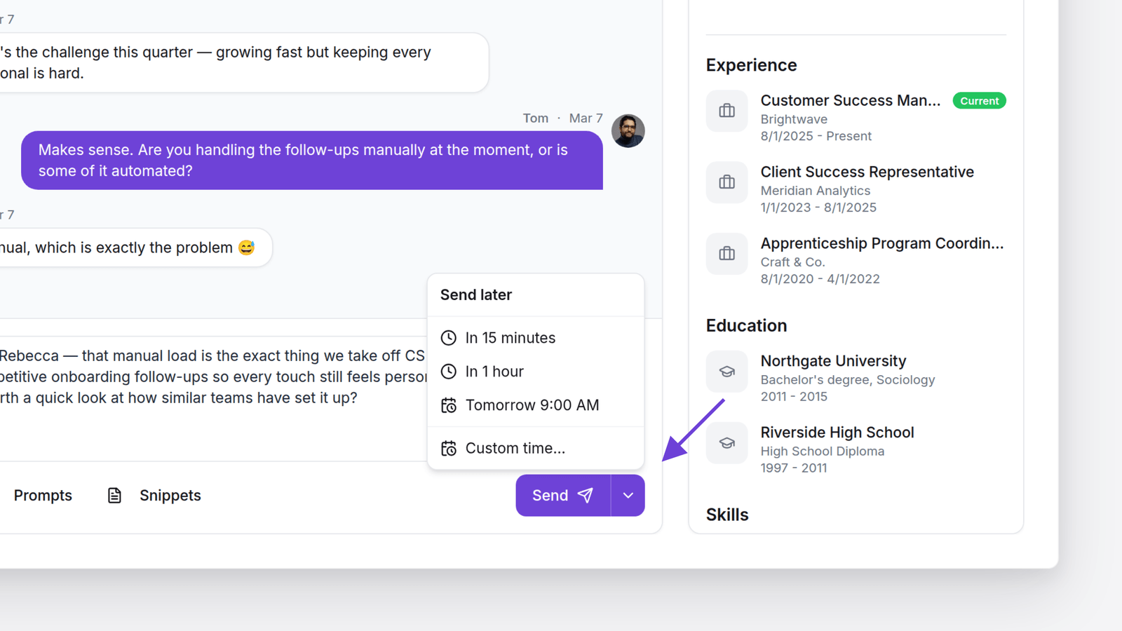 Close-up of the composer with the Send later menu open — In 15 minutes, In 1 hour, Tomorrow 9:00 AM, Custom time — and an arrow pointing to the dropdown toggle next to Send