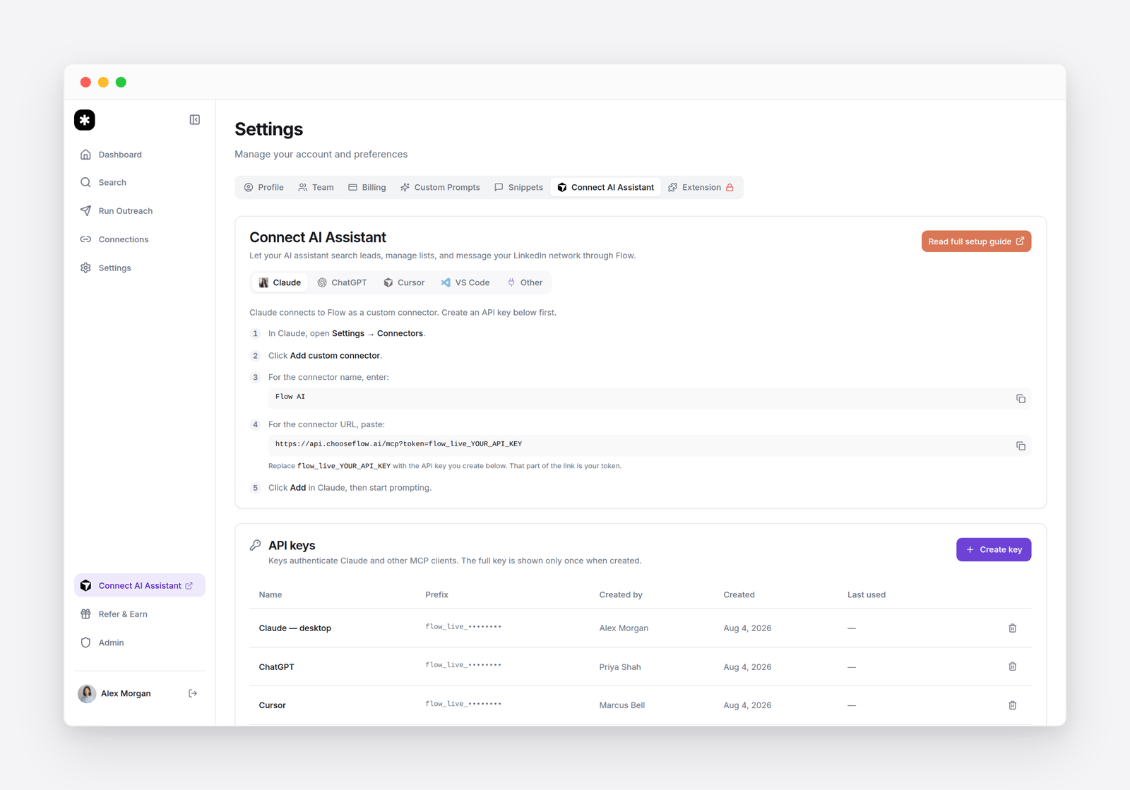 Flow&rsquo;s Connect AI Assistant settings: client tabs for Claude, ChatGPT, Cursor and VS Code, the step-by-step setup, and the connector URL highlighted