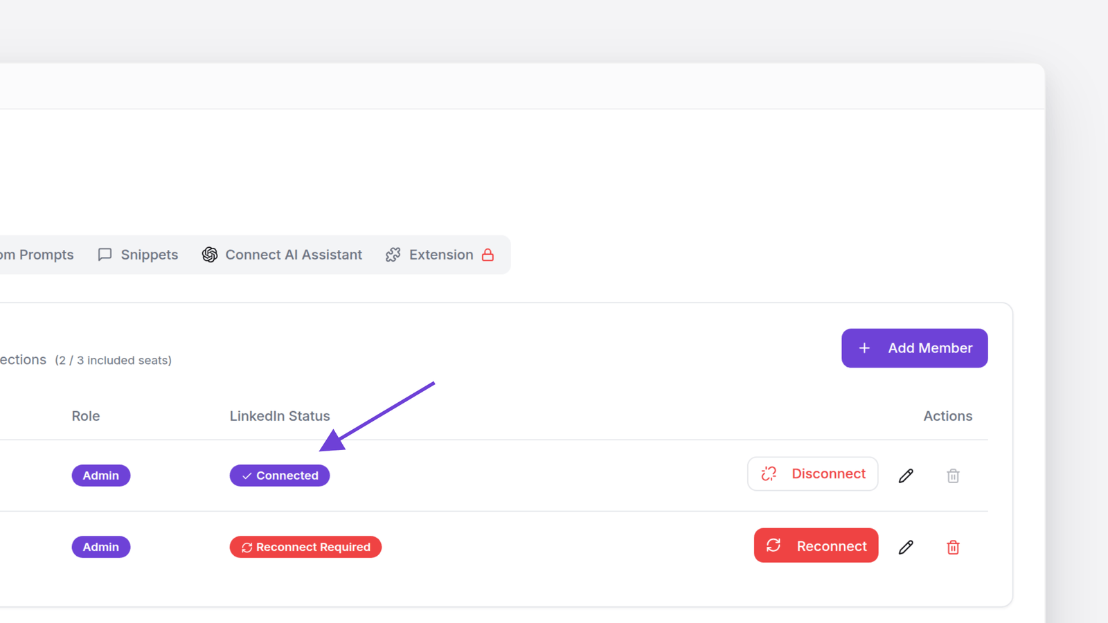 Settings &rarr; Team: each member&rsquo;s LinkedIn status shows as Connected or Reconnect Required