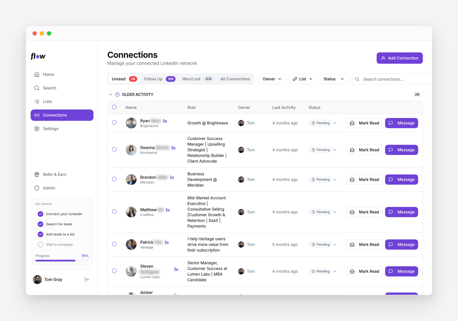 The Connections screen: tabs for Unread, Follow Up, Won/Lost and All Connections, a table of contacts grouped by activity, each with a status and Message action