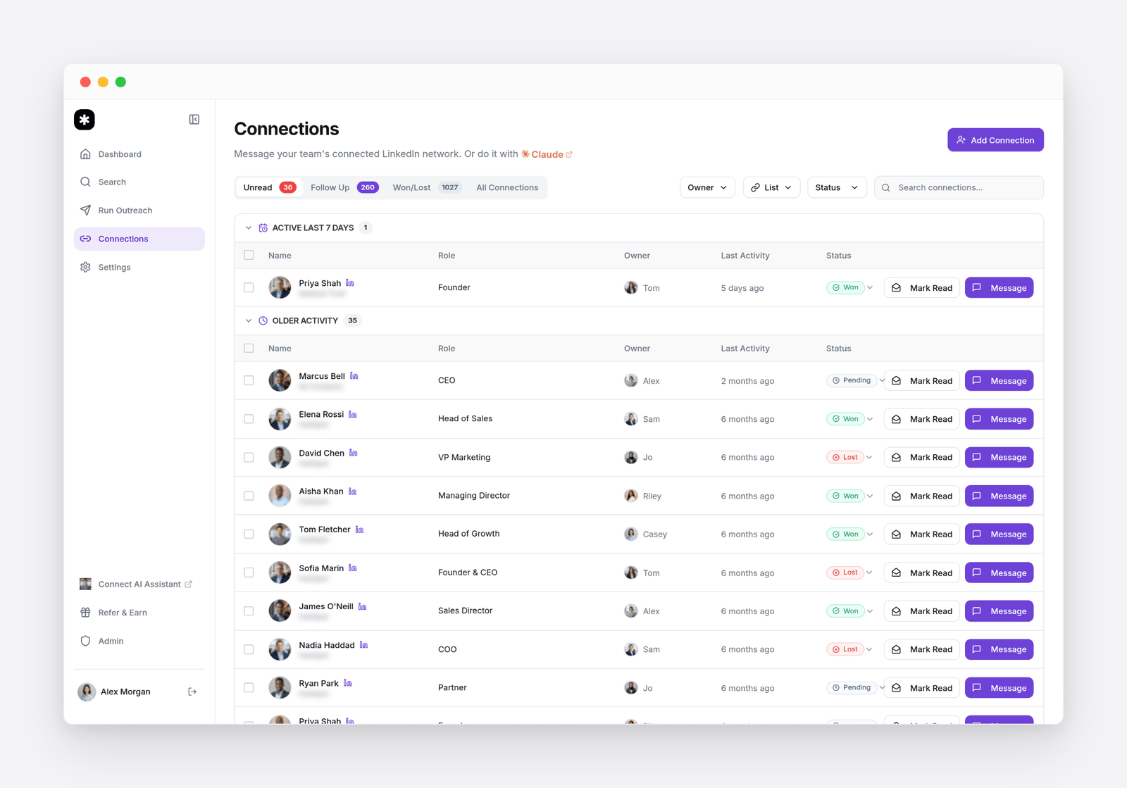 Flow AI Connections: every connection with its status and owner