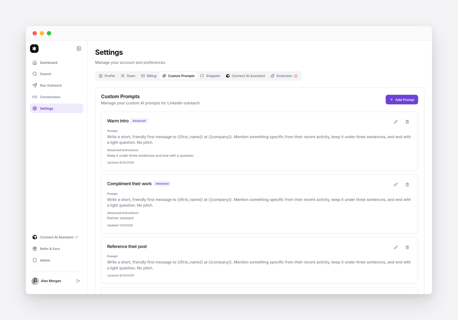 Flow&rsquo;s Custom Prompts settings: a list of saved prompts, each with its instruction and an Add Prompt button highlighted