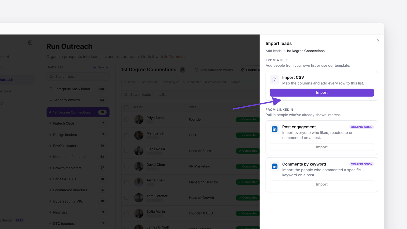 The Import leads panel in Run Outreach, with Import CSV and its Import button highlighted, and Post engagement and Comments by keyword marked Coming soon