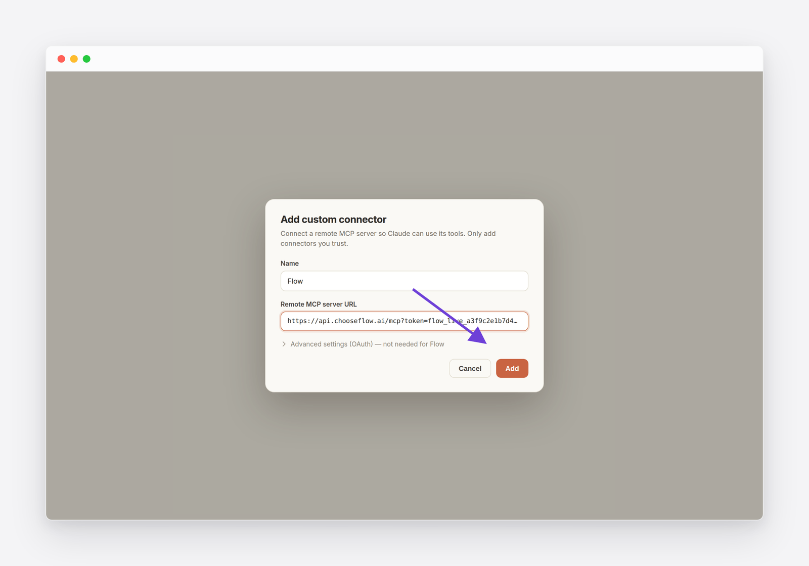 Claude's Add custom connector dialog with Flow's MCP server URL pasted in and the Add button highlighted
