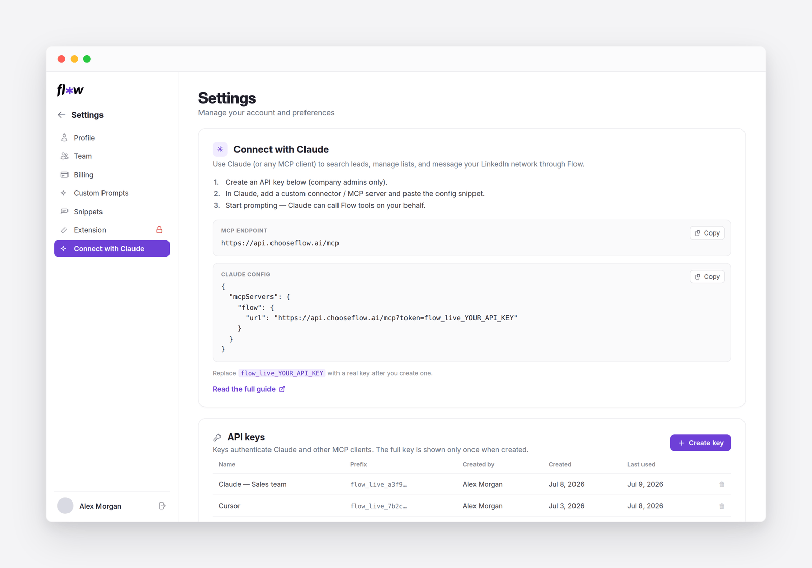 Flow's Settings → Connect with Claude screen: the MCP endpoint, a ready-to-paste config snippet, and an API keys table