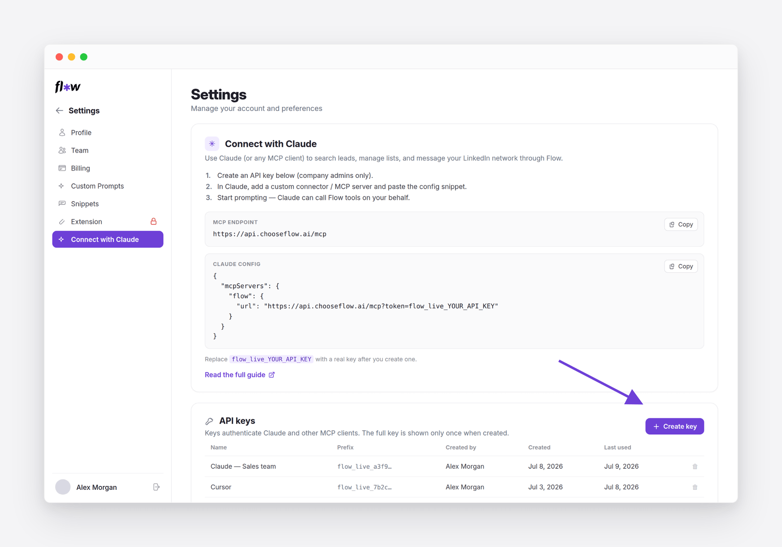 The API keys section in Flow with the Create key button highlighted