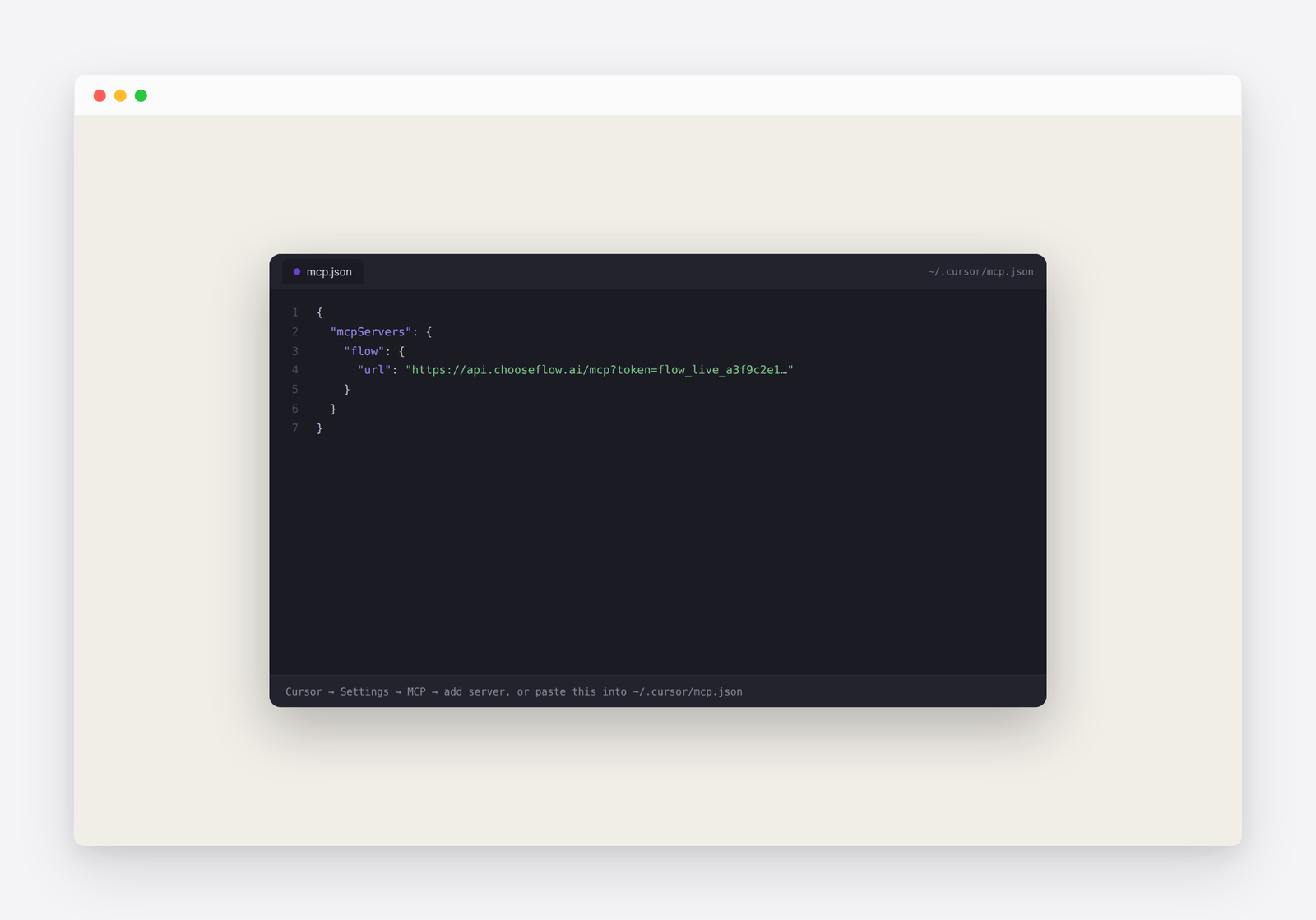 A code editor showing the Flow mcpServers config in ~/.cursor/mcp.json