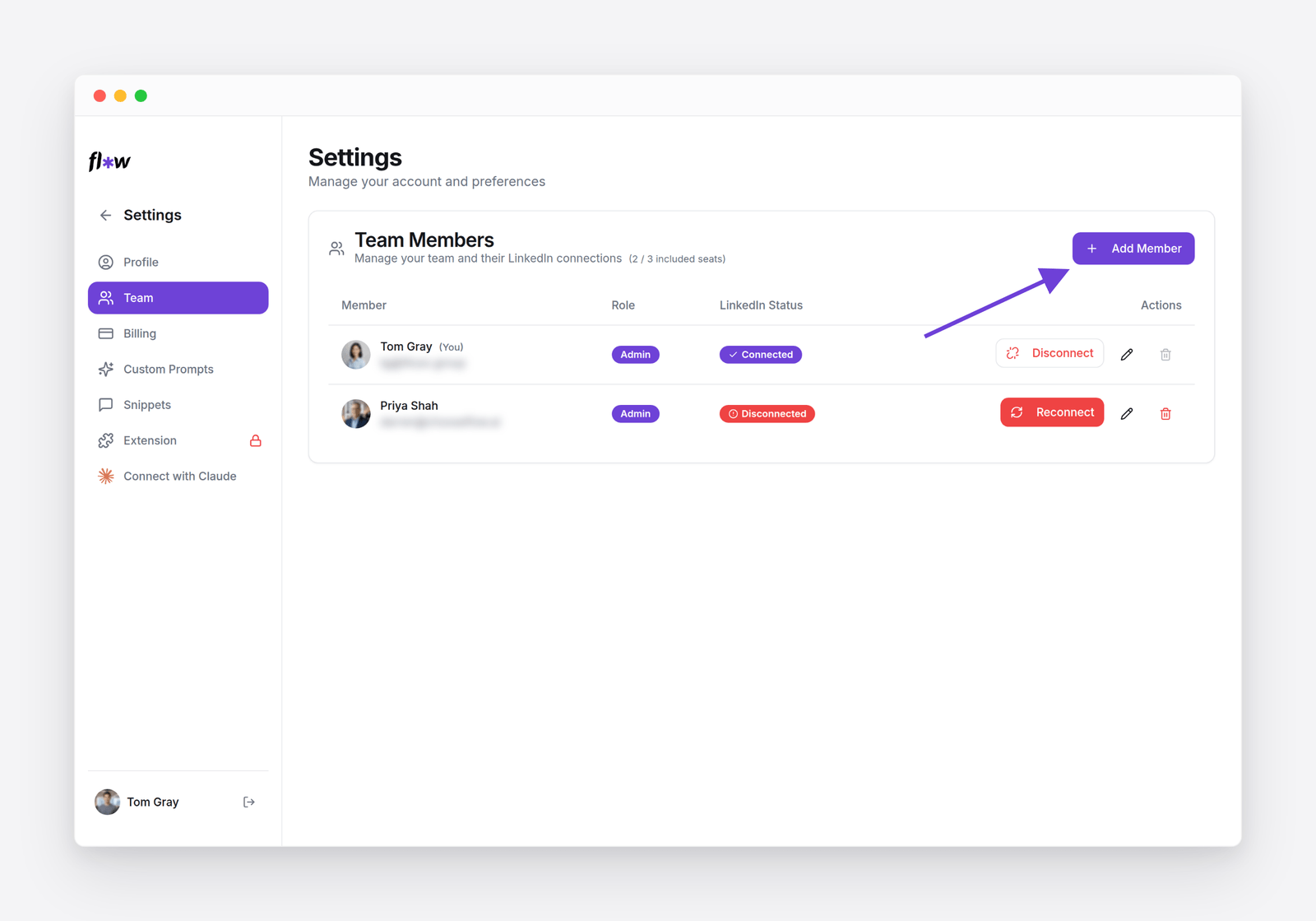 Settings &rarr; Team: a table of team members, each with their role, LinkedIn connection status and an Add Member button