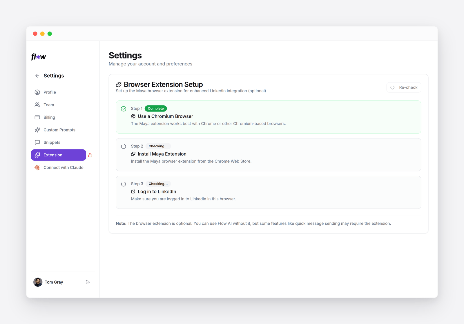 Settings &rarr; Extension: a three-step checklist to use a Chromium browser, install the Maya extension, and log in to LinkedIn