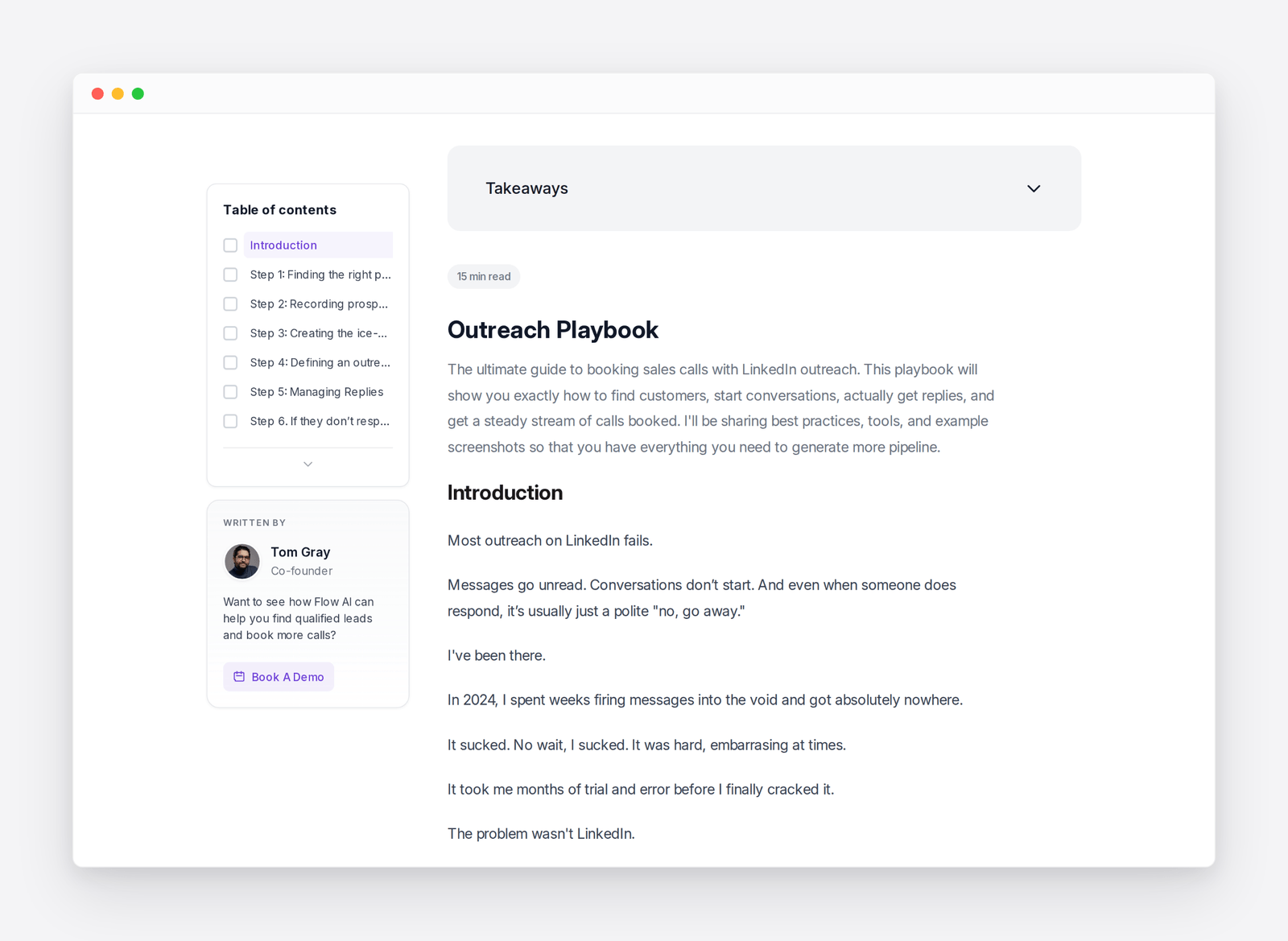 The Flow AI Outreach Playbook: a long-form guide with a table of contents and steps for booking sales calls with LinkedIn outreach