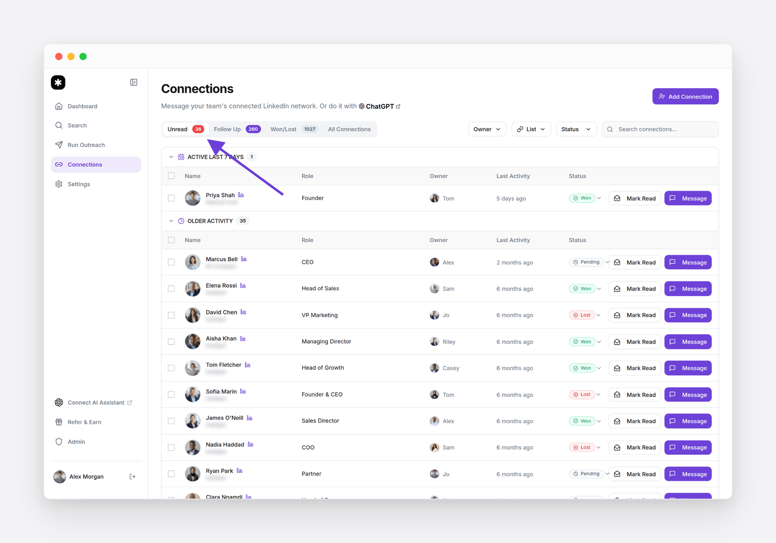 Flow&rsquo;s Shared inbox: replies grouped into Unread, Follow Up and Won/Lost, with the Unread tab highlighted