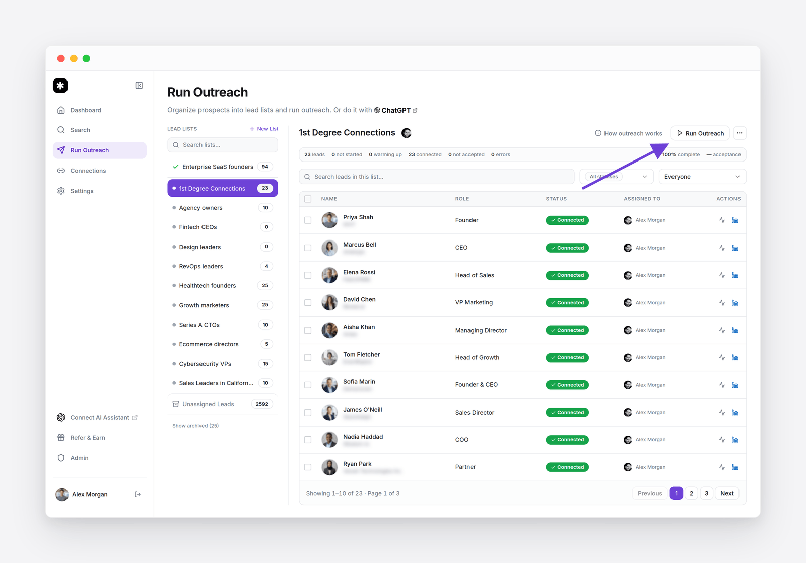 Flow&rsquo;s Run Outreach screen: lead lists on the left, the leads in a list, and the Run Outreach button highlighted