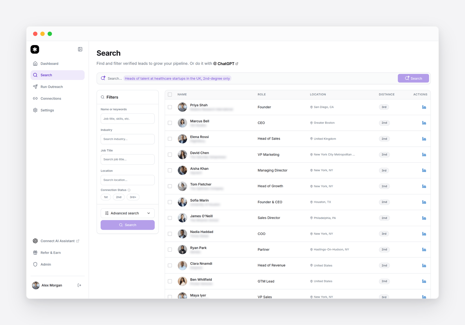 Flow&rsquo;s Search screen: a natural-language search bar, filters, and a results list, with the Search button highlighted
