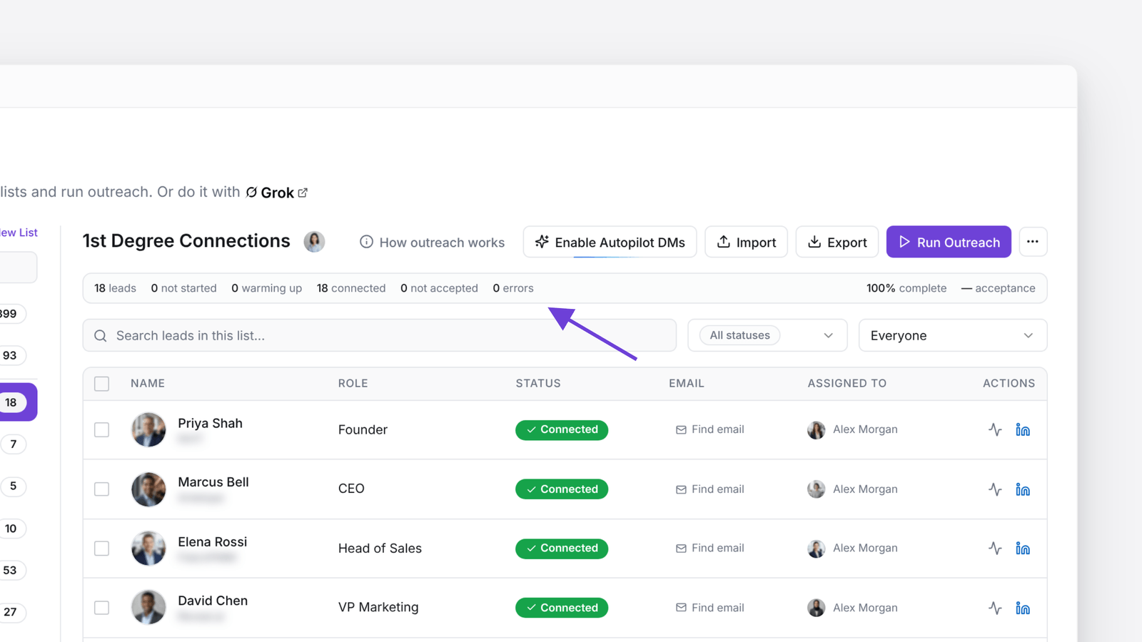 Run Outreach with the list status line showing leads, not started, warming up, connected, not accepted and errors, with the errors count circled