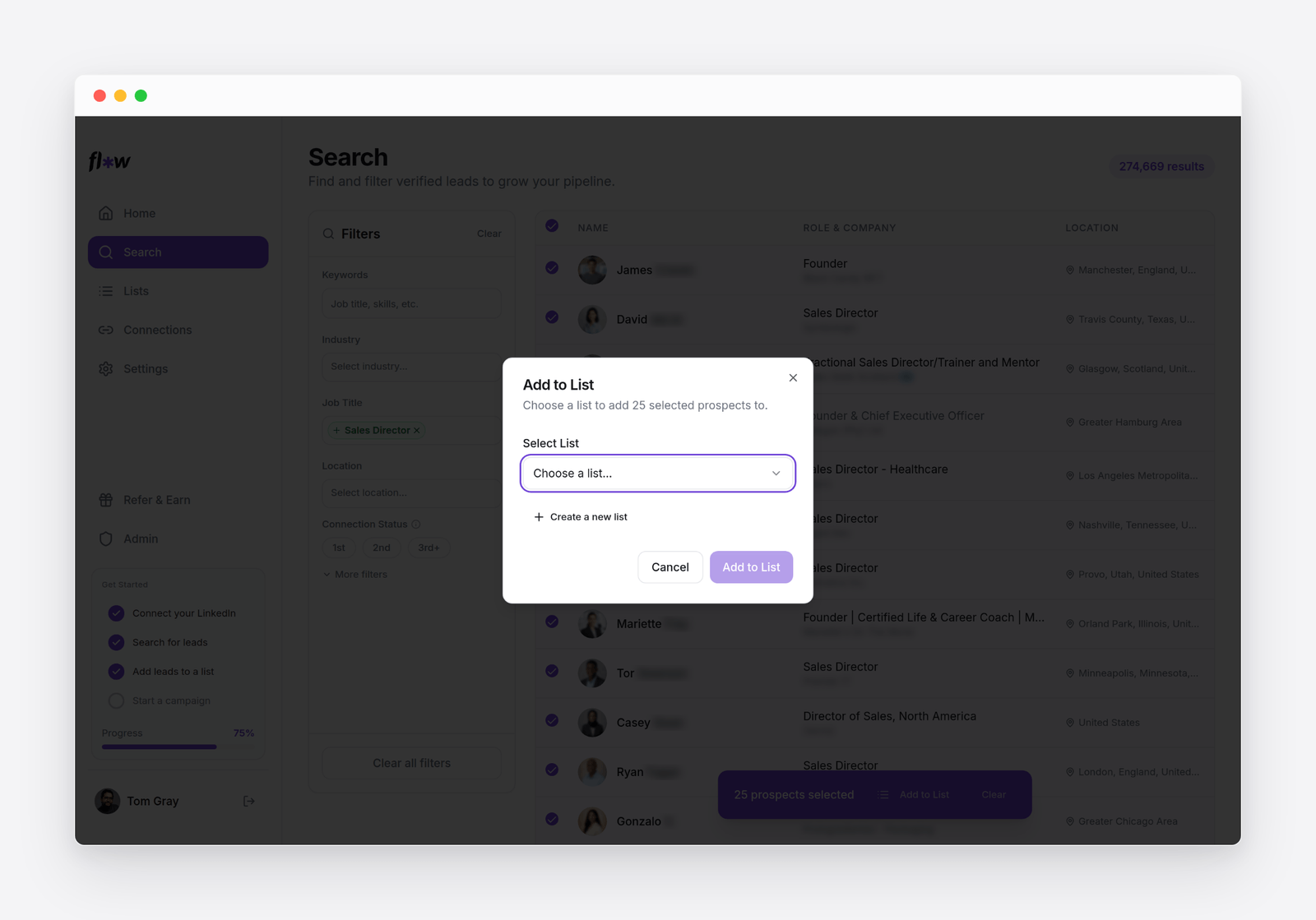 Selecting search results and the Add to List dialog, choosing an existing list or creating a new one