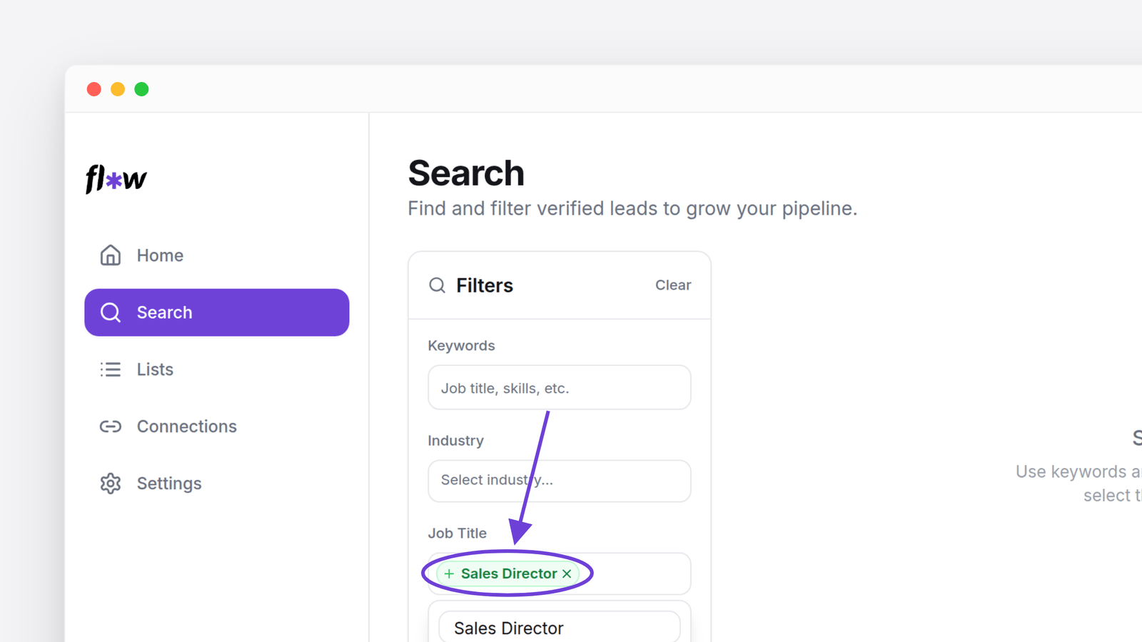 The Job Title filter with a green Sales Director tag and the suggestions dropdown open