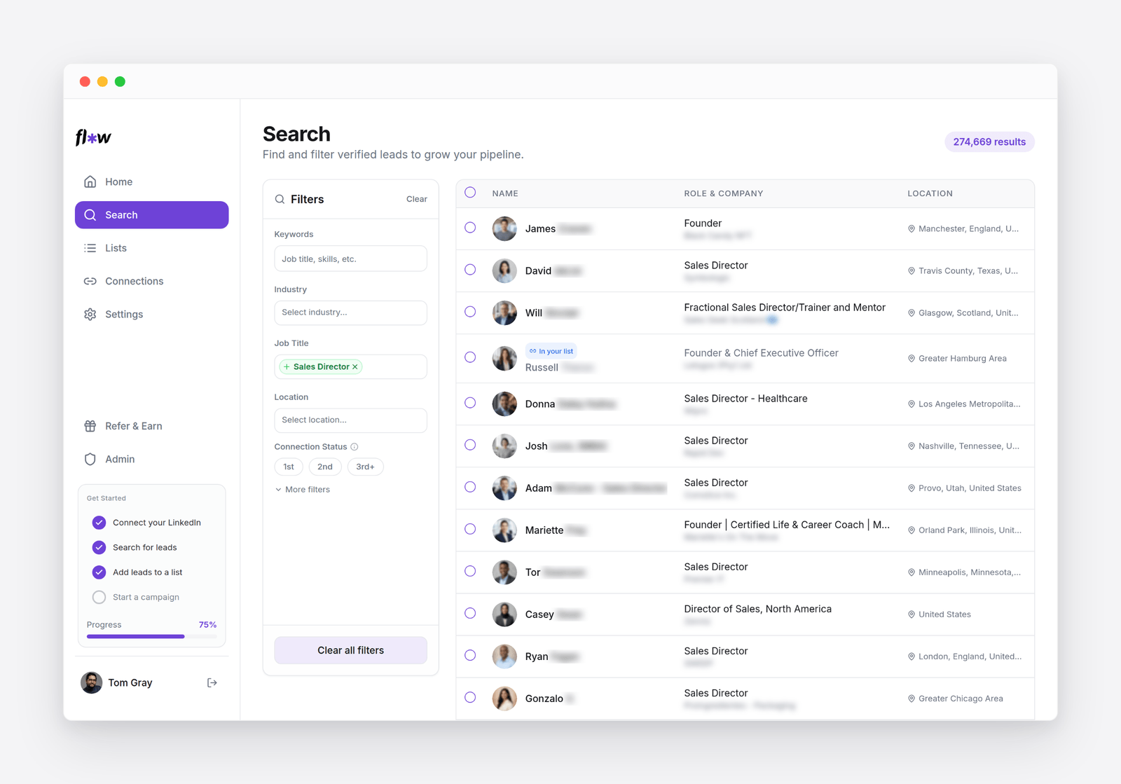 The Flow AI Search tab: a filter panel on the left and a list of matching prospects on the right