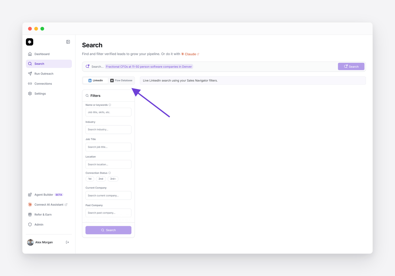 Flow&rsquo;s Search page with the LinkedIn and Flow Database switch above the filters, with Flow Database highlighted