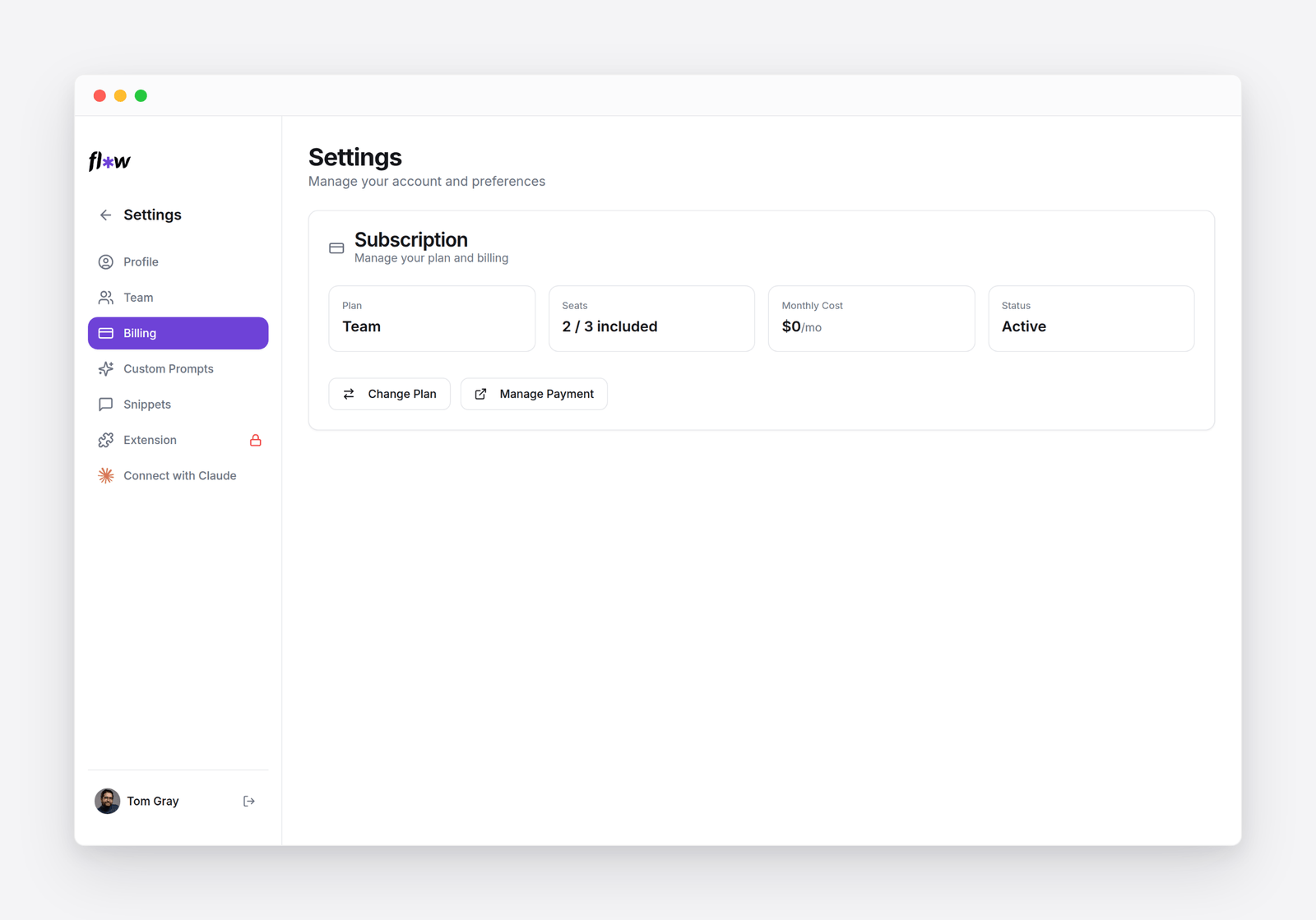 Settings &rarr; Billing: the Subscription panel showing plan, seats, monthly cost and status, with Change Plan and Manage Payment buttons