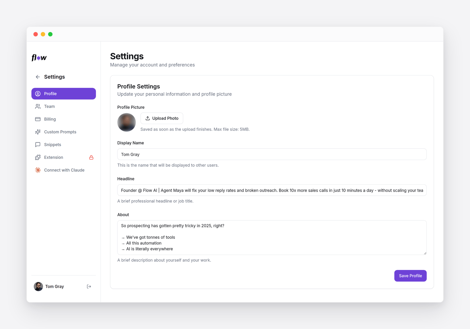 Settings &rarr; Profile: profile picture upload, and Display Name, Headline and About fields