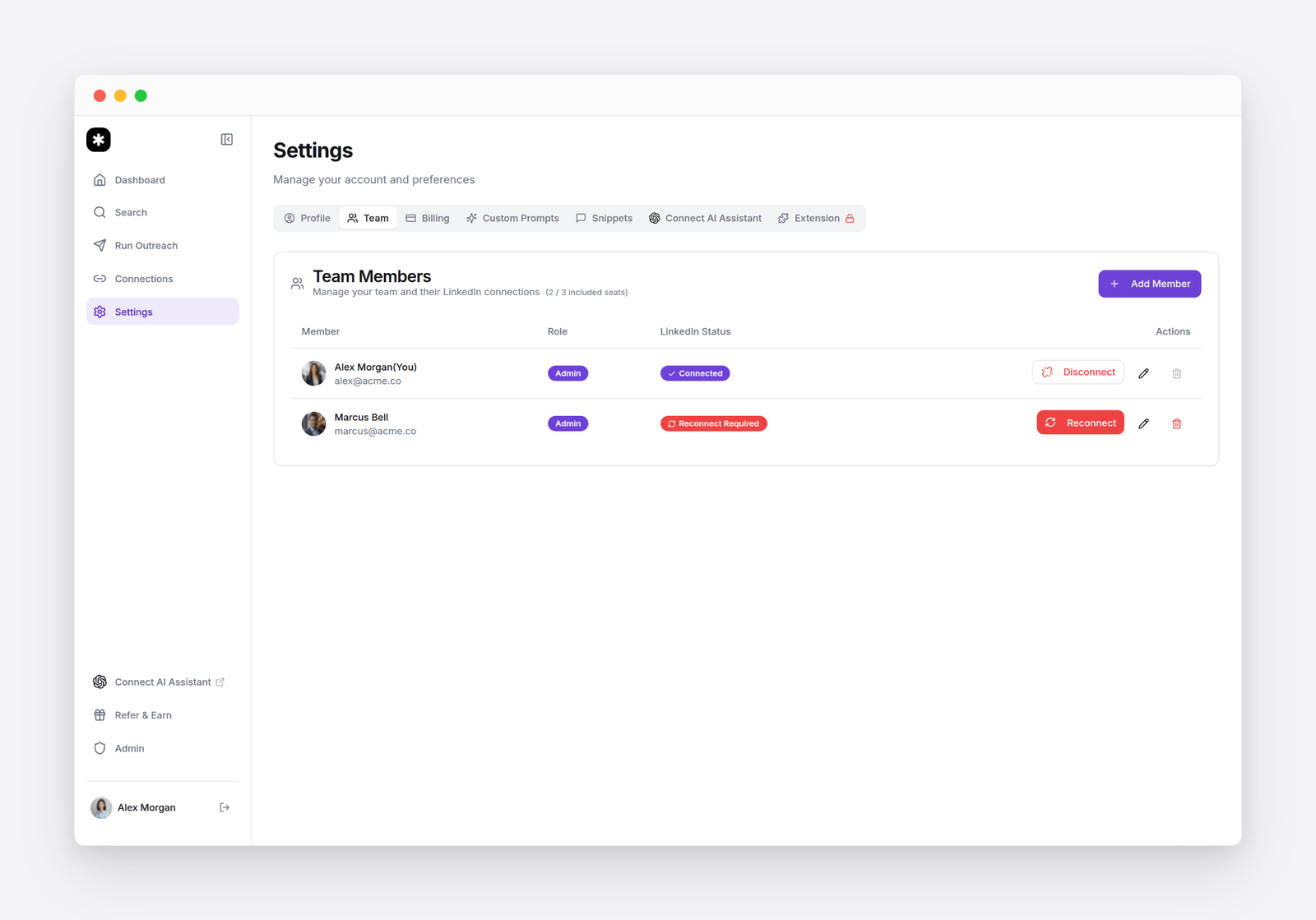Flow&rsquo;s Team settings: each account&rsquo;s LinkedIn status shows as Connected or Reconnect Required, with Add Member, Disconnect and Reconnect controls