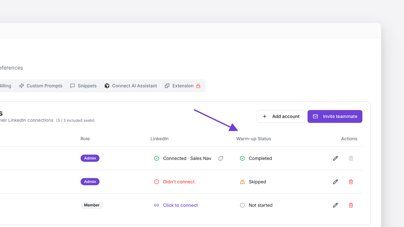Settings &rarr; Team with the Warm-up Status column circled, showing Completed, Skipped and Not started for three accounts