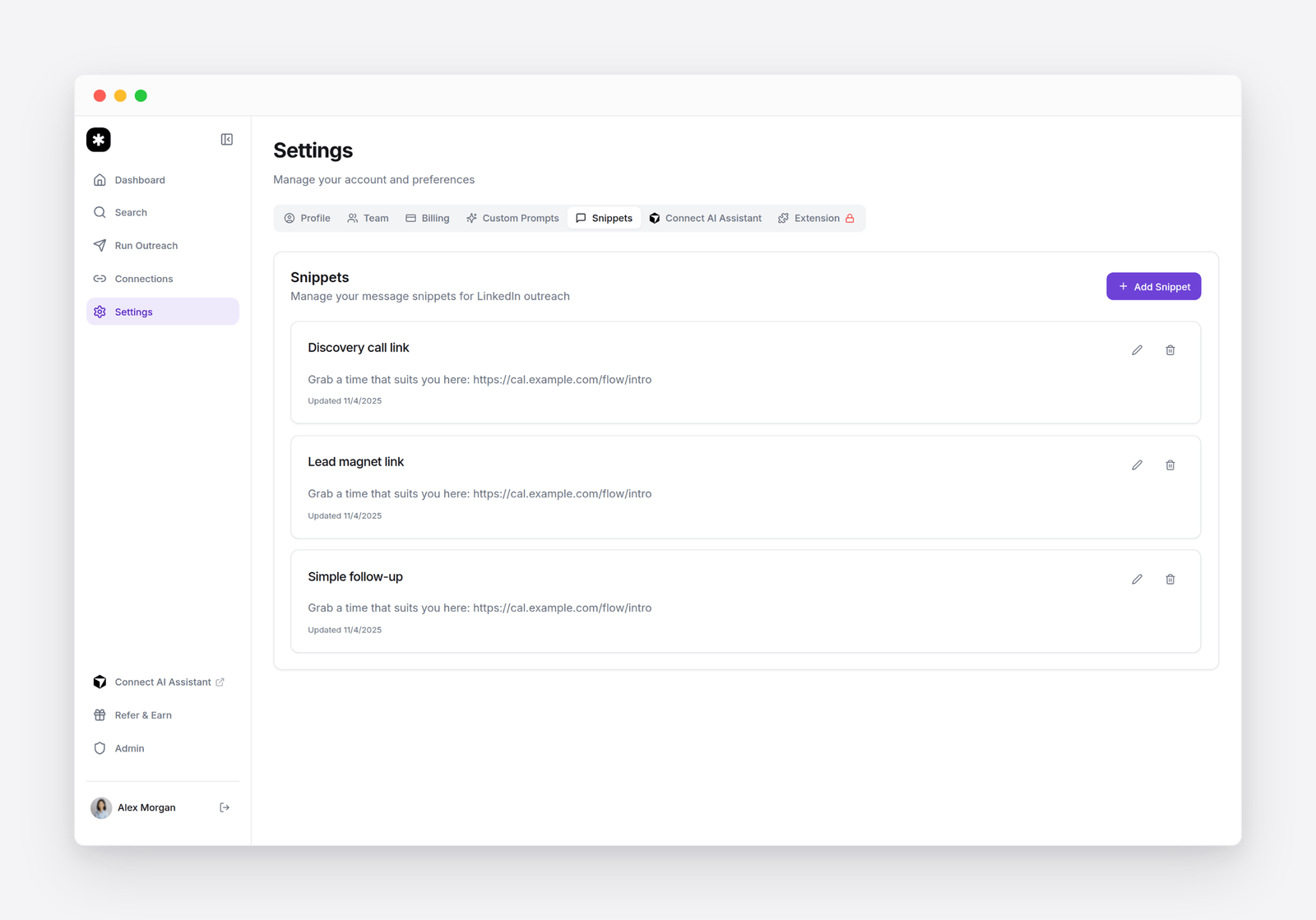 Flow&rsquo;s Snippets settings: saved message snippets, each with its text and an Add Snippet button highlighted