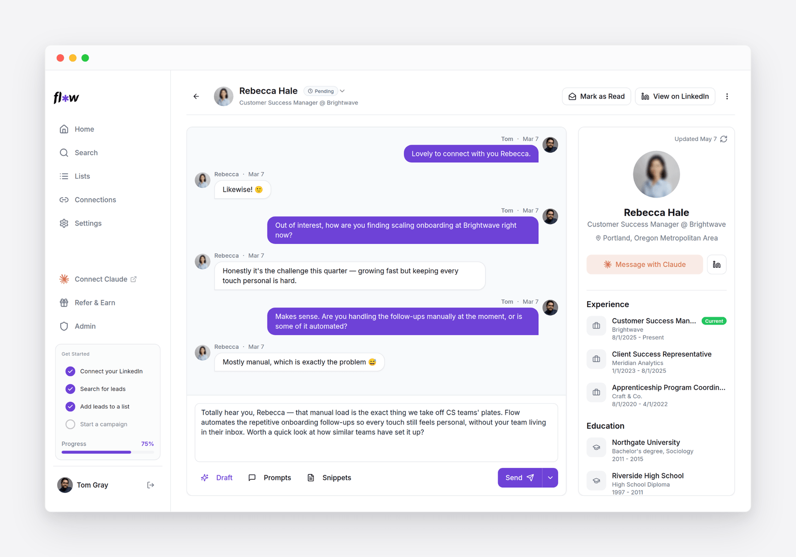 A LinkedIn conversation in the Unified Inbox: the thread in the centre with the prospect's enriched LinkedIn profile on the right