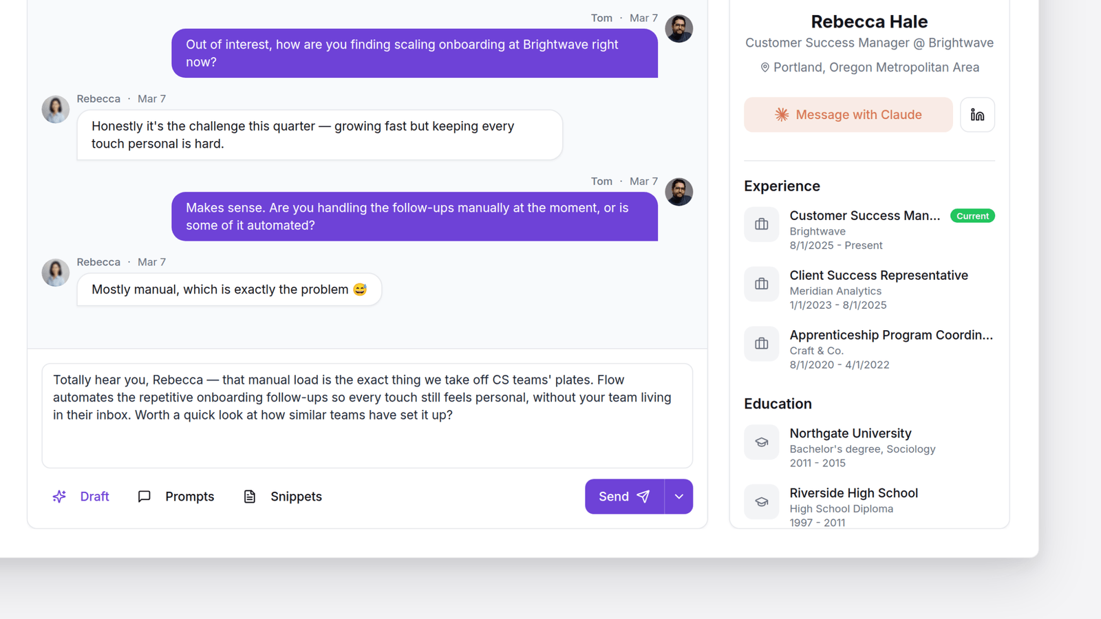 The prospect sidebar showing the LinkedIn profile: role, location, Experience and Education, next to the conversation thread